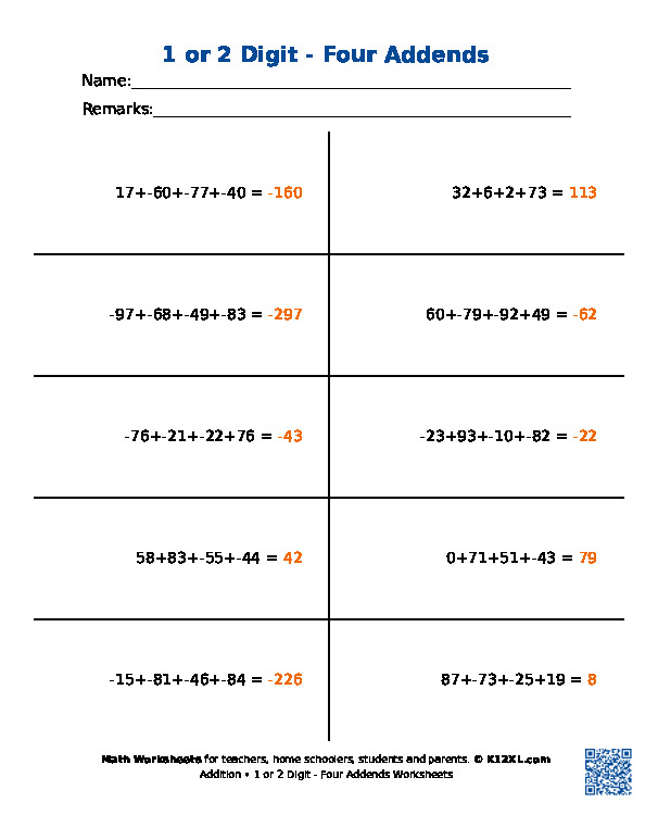 1 or 2 Digit - Four Addends Worksheets