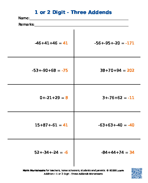 1 or 2 Digit - Three Addends Worksheets