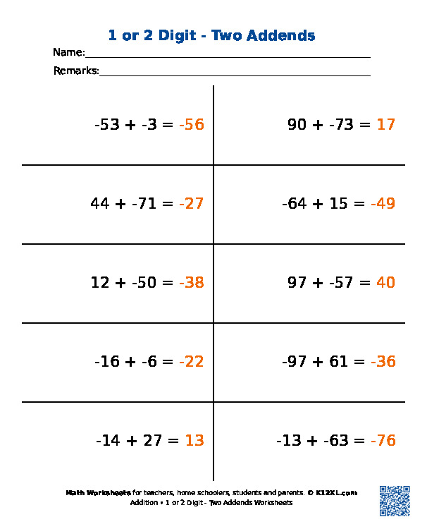 1 or 2 Digit - Two Addends Worksheets