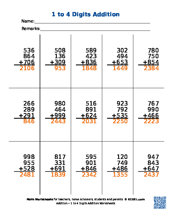 1 to 4 Digits Addition Worksheets