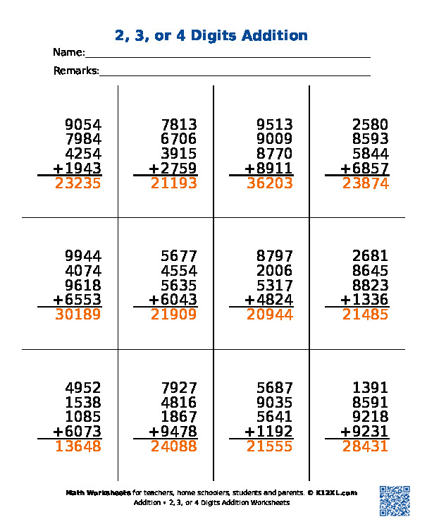 2, 3, or 4 Digits Addition Worksheets
