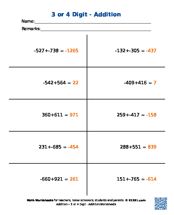 3 or 4 Digit - Addition Worksheets