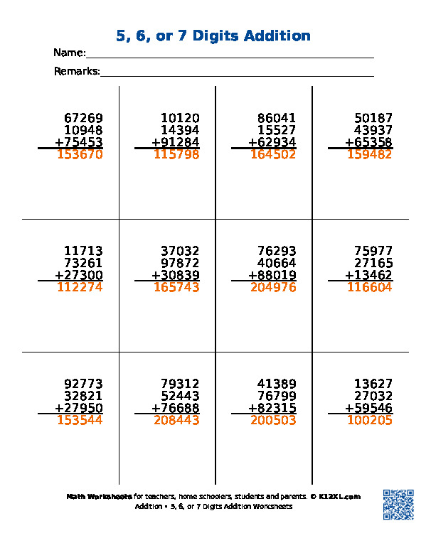 5, 6, or 7 Digits Addition Worksheets