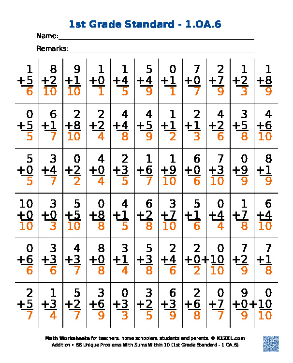66 Unique Problems With Sums Within 10 (1st Grade Standard - 1.OA.6)