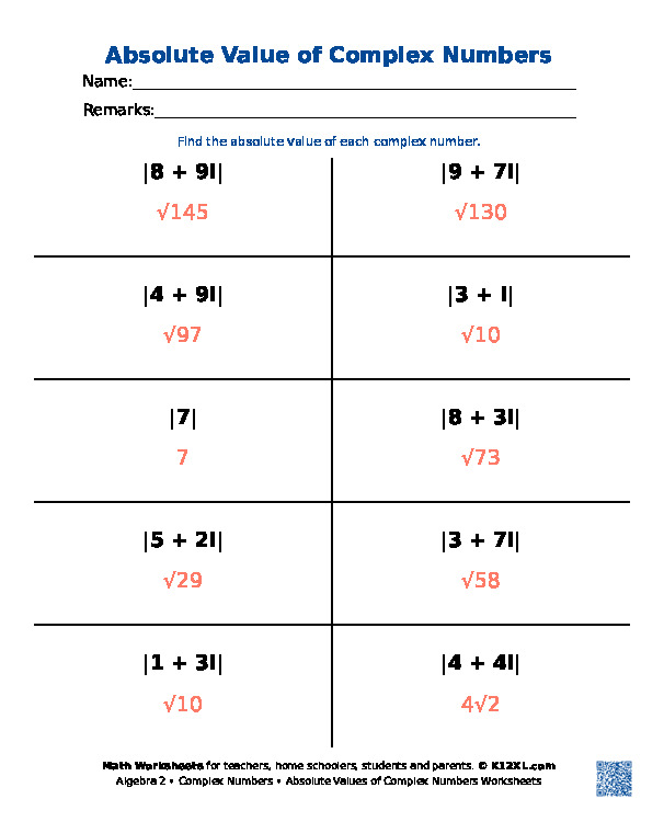 Algebra Complex Numbers Worksheets