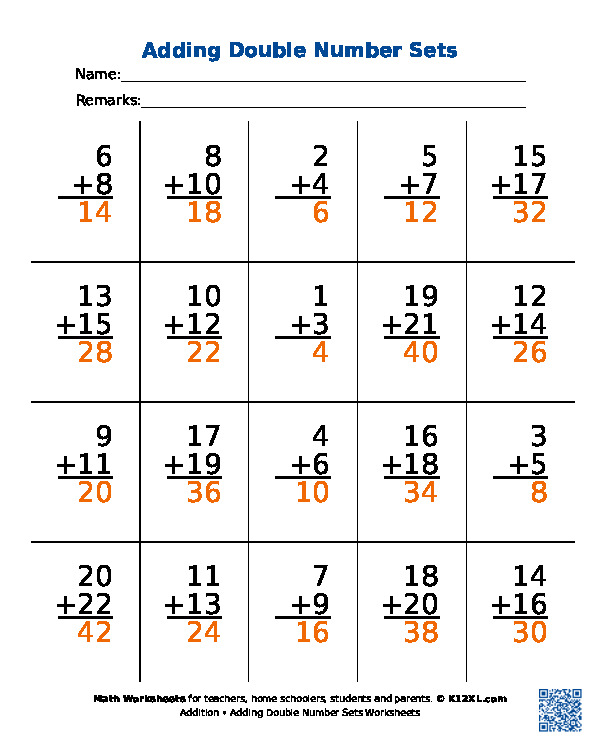 Adding Double Number Sets Worksheets