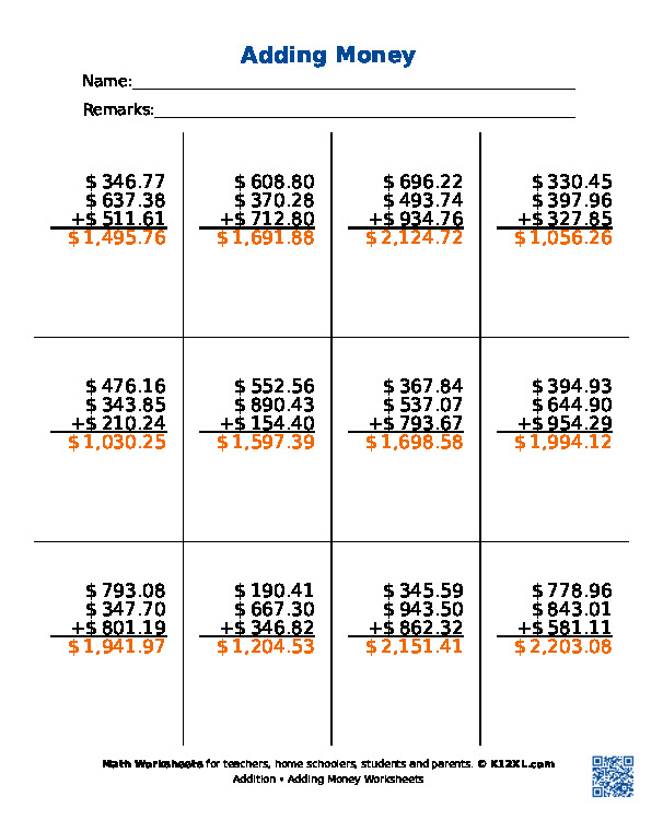 Adding Money Worksheets