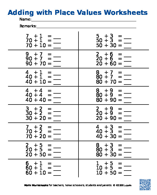 Adding with Place Values Worksheets