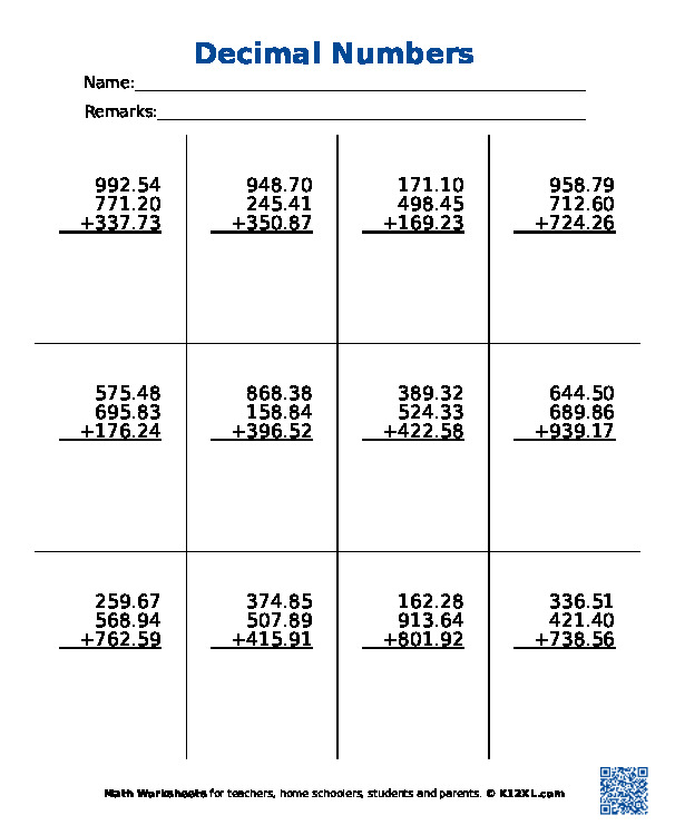 Decimal Numbers Worksheets