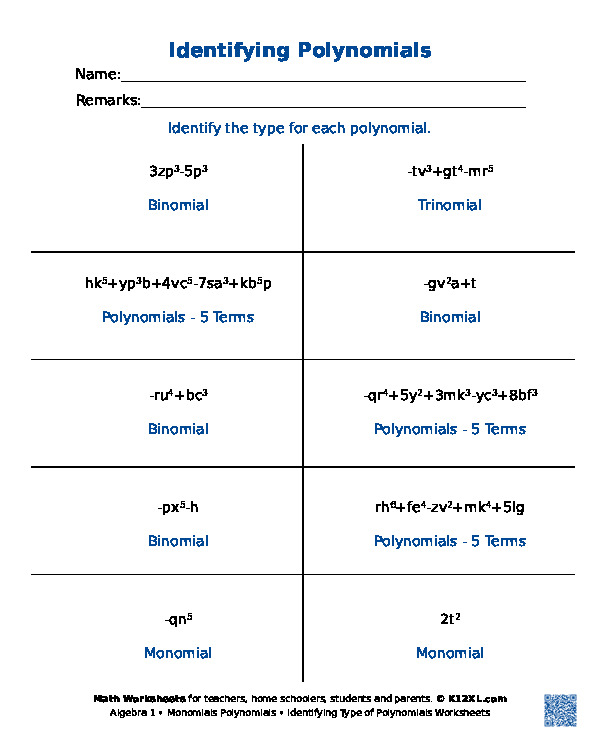 Identifying Parts Of A Polynomial Worksheet