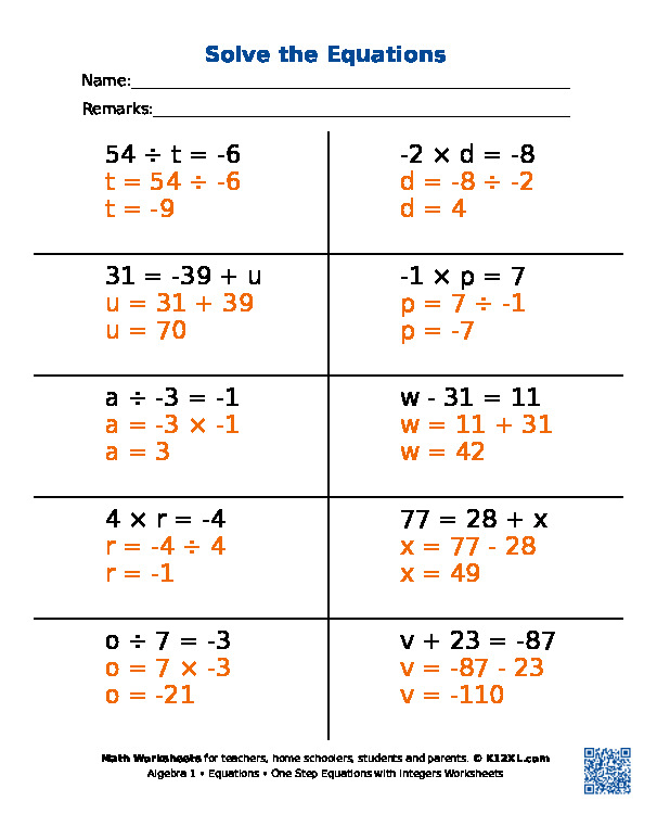 Math Worksheet One Step Equations