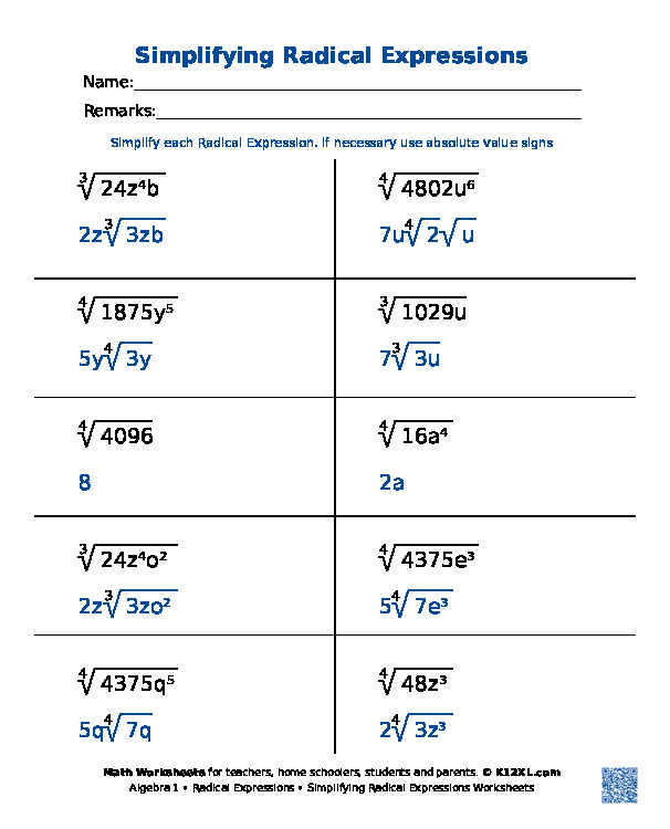 Adding And Subtracting Radical Expressions With Variables Worksheet