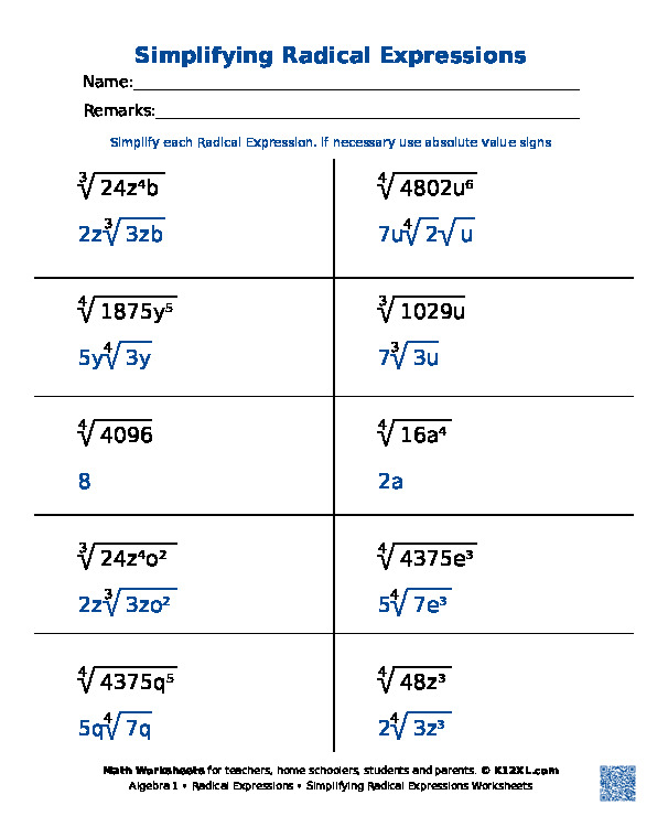 Free Algebra 1 Radical Expressions worksheets for homeschoolers