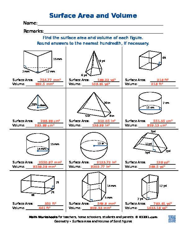 Surface Area & Volume Worksheets