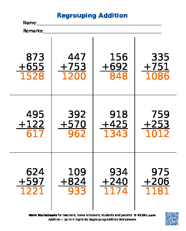 Up to 4 Digits No Regrouping Addition Worksheets